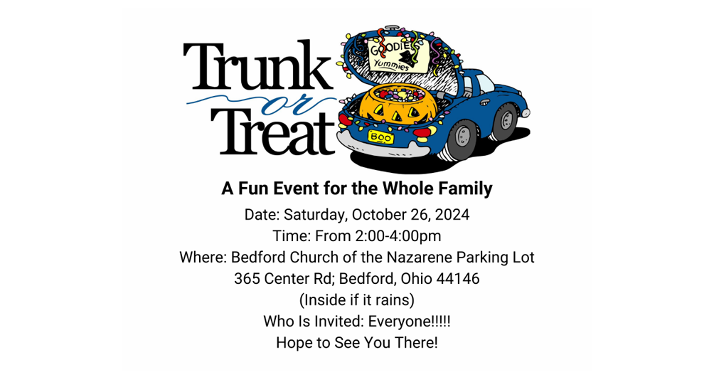 Trunk-or-Treat with Bedford Church of the Nazarene this Weekend October 26th