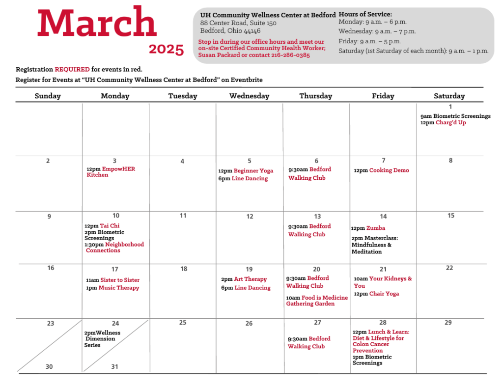 UH Bedford Wellness Center March 2025 calendar