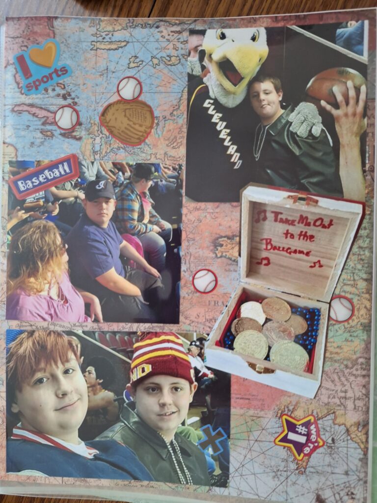 a scrapbook page featuring a recent ballpark outing and the companion treasure chest